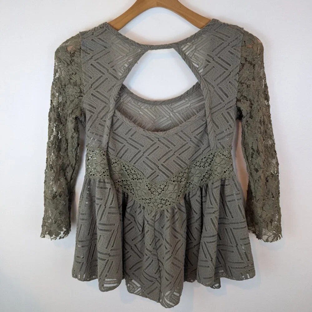 Free People Gracie Brushed Lace Top in Green, Sz S